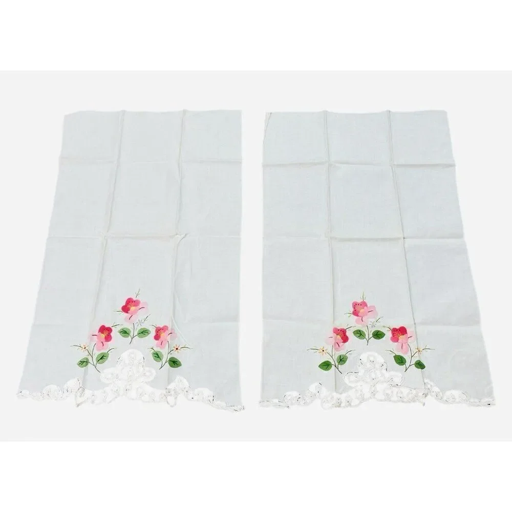 Vintage Pink Flower Linen Tea Towels Set 2 Lace Edge 22x14 Appliqué Embroidered